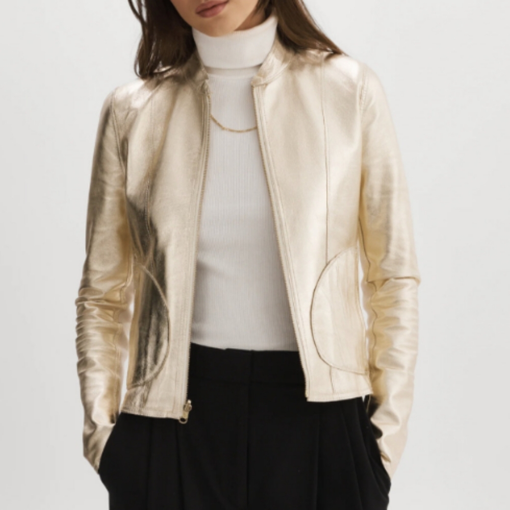 NWT La Marque Chapin Iconic Reversible Leather Jacket Bone and Gold size XL